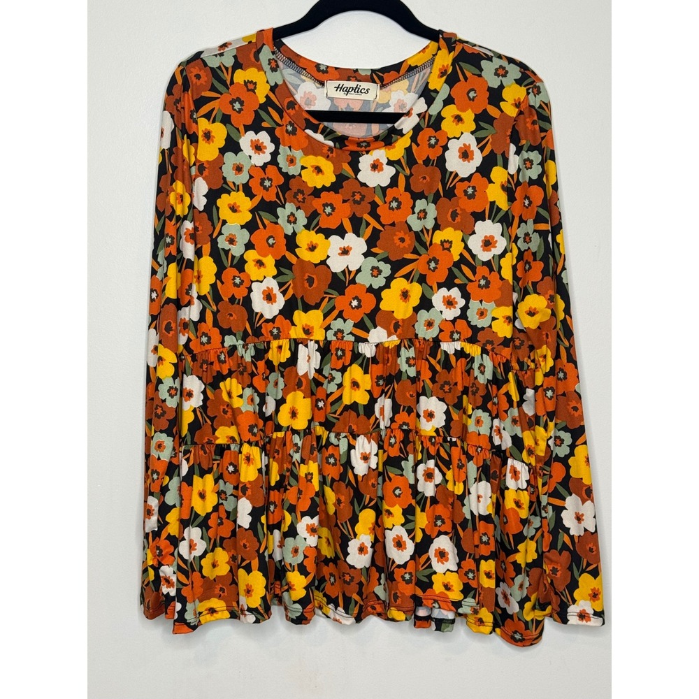 Haptics Floral Tiered Babydoll Long Sleeve Top Large Retro 70s Peplum HT2815B